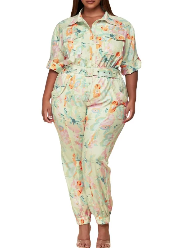 Belted Cargo Jumpsuit In Floral