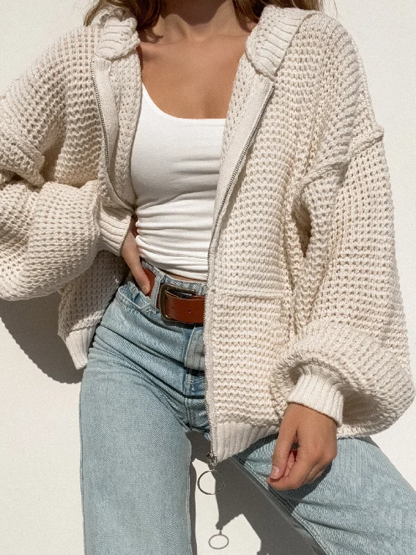 On The Go Knit Zip Up Sweater in Cream