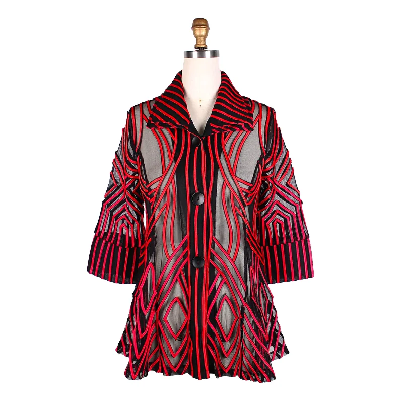 Damee Soutache Design on Mesh Button Front Jacket in Red - 2363-RD