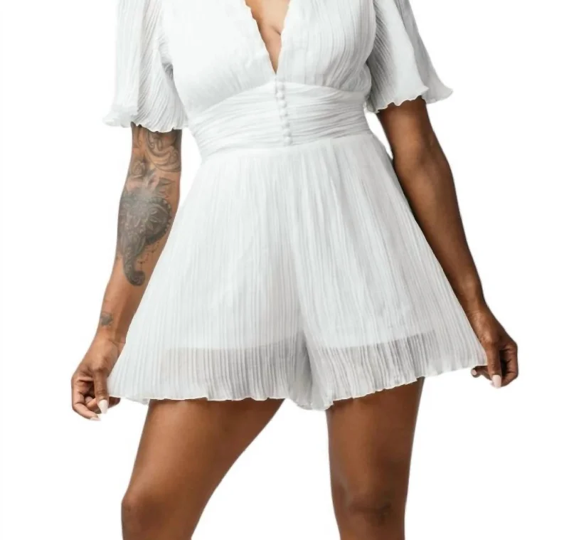 Pleated Plunge Romper In White