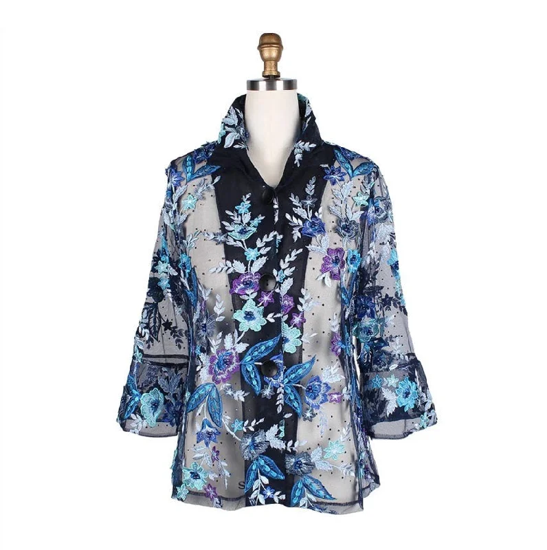 Damee Beaded Floral Mesh Sheer Jacket in Blues, Purple & Black - 2380