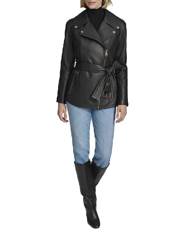 Andrew Marc Black Label Delphine Belted Leather Moto Jacket