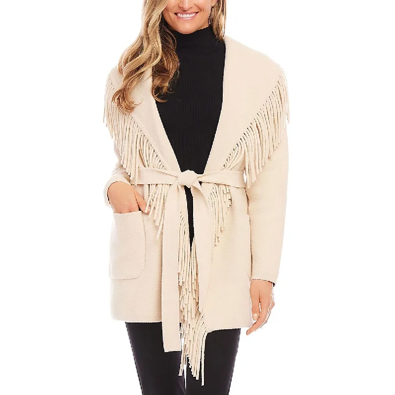 Womens Fringe Belted Open Front