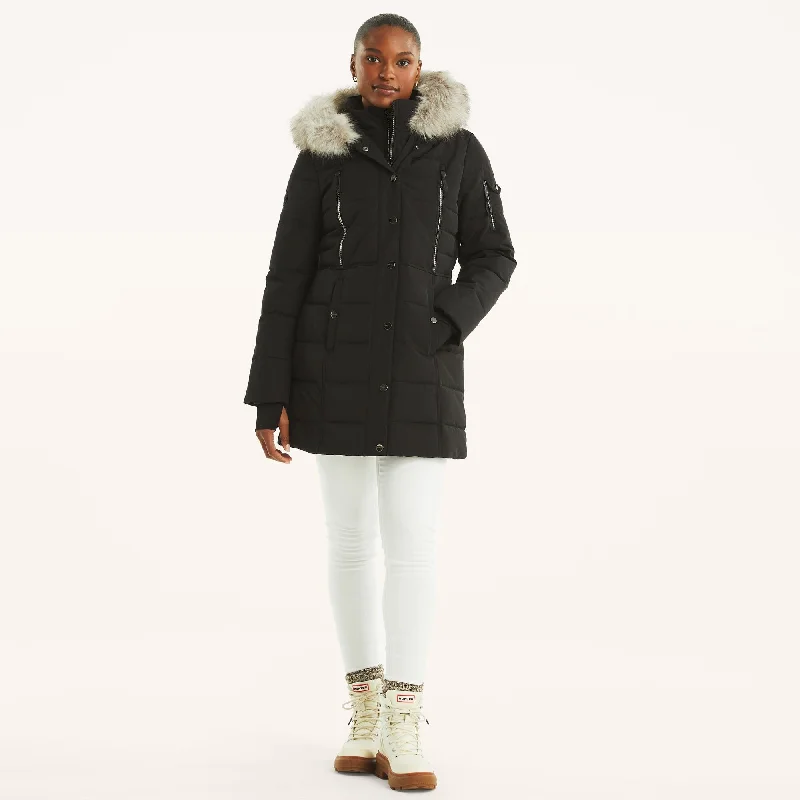 Nautica Womens Faux Shearling Hood Puffer Jacket