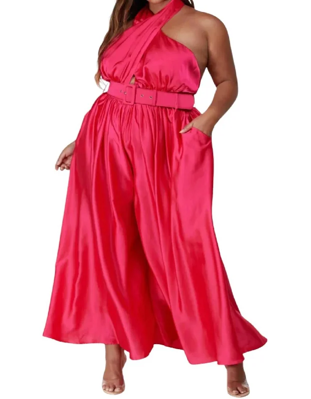 Halter Jumpsuit In Hot Pink