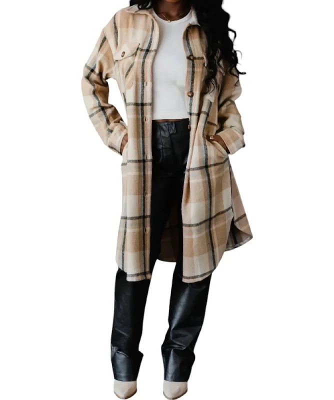 Plaid Long Flannel Jacket In Tan/black/beige/grey