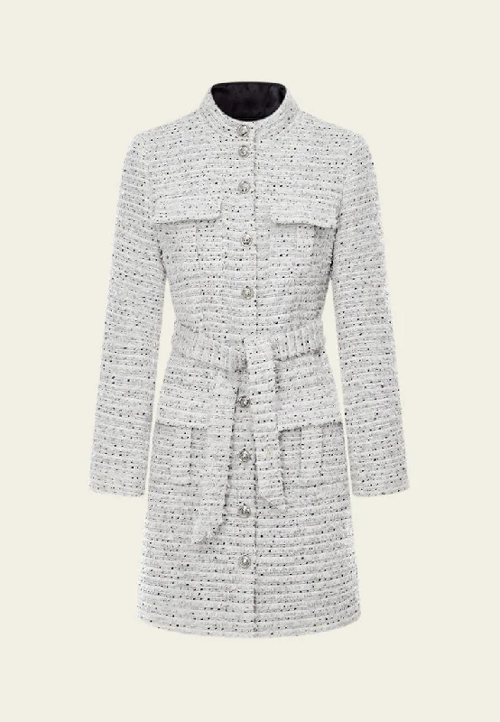 Frayed-detail Striped Mixed-tweed Belted Coat