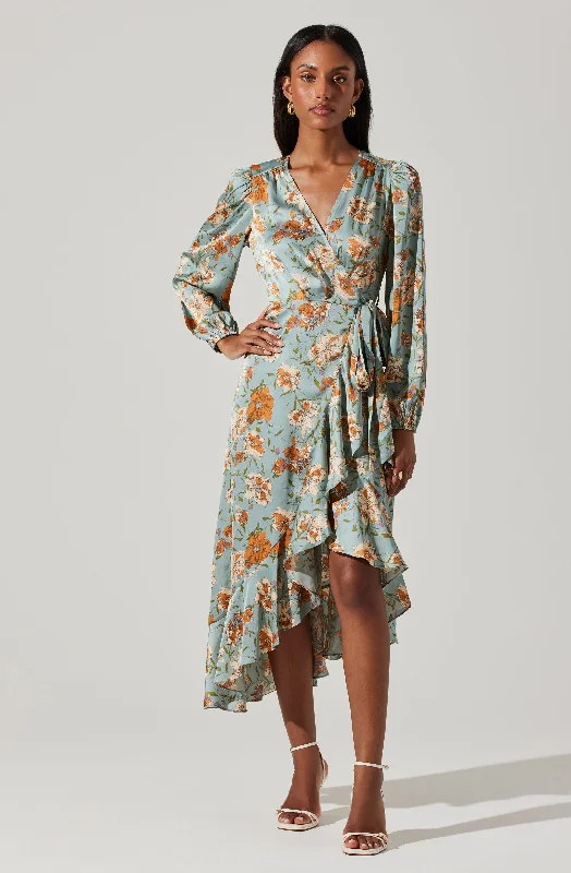 Floral Satin Wrap Long Sleeve Midi Dress