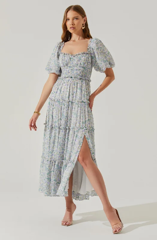 Prina Floral Puff Sleeve Tiered Midi Dress