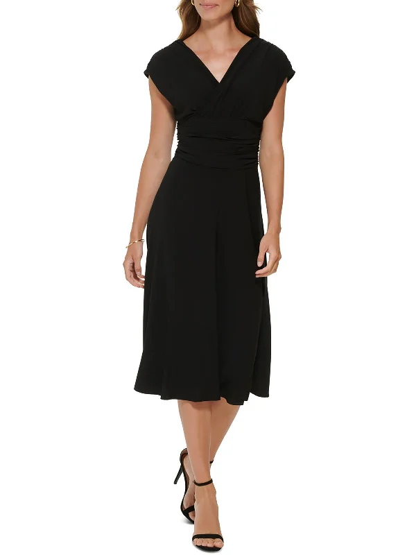 Womens Ruched V-Neck Midi Dress