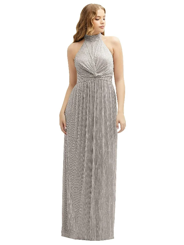 Band Collar Halter Open-Back Metallic Pleated Maxi Dress