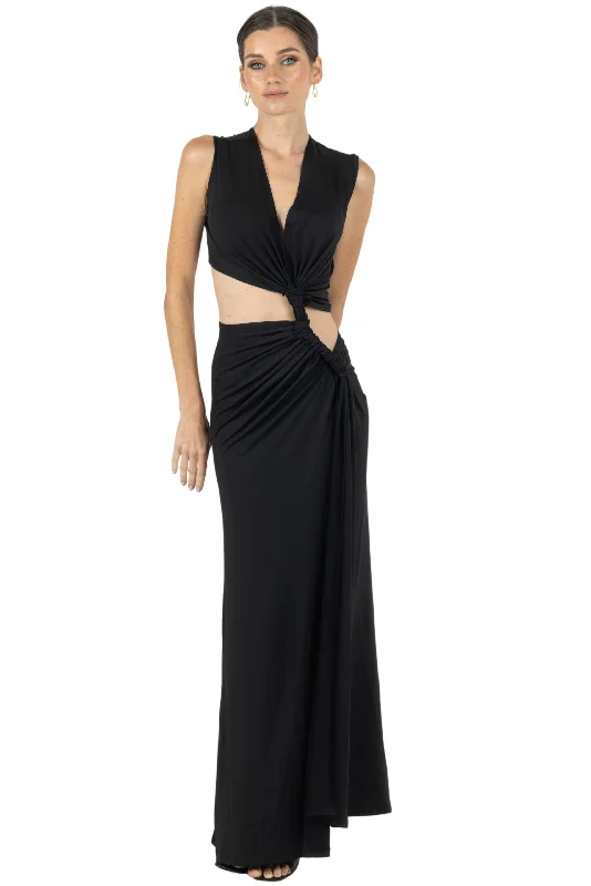 Eva V Neck Thigh Slit Maxi Dress - Black