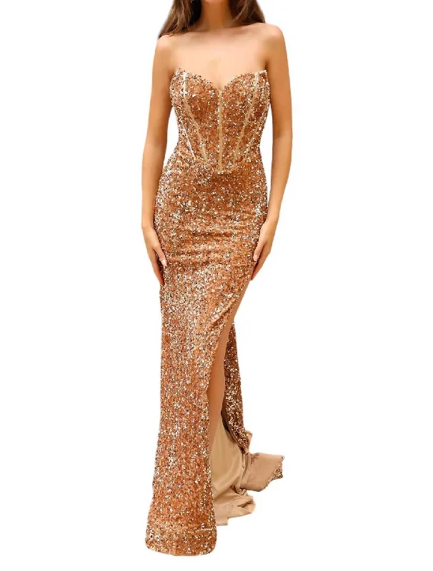 Fit & Flare Maxi Gown In Gold