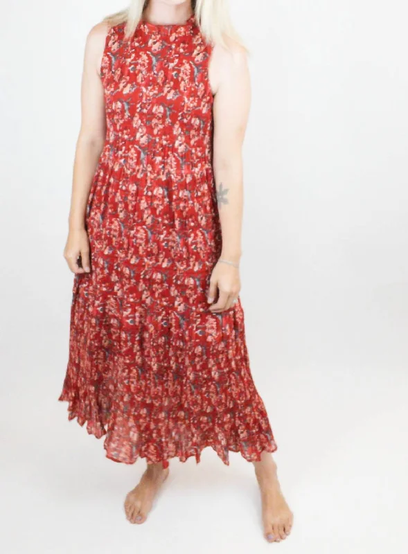 Printed Plisse Halter Maxi Dress In Scarlet