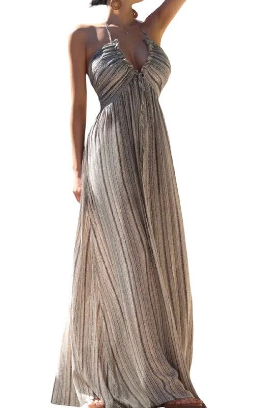 Printed V Neck Maxi Woven Dress In Gray