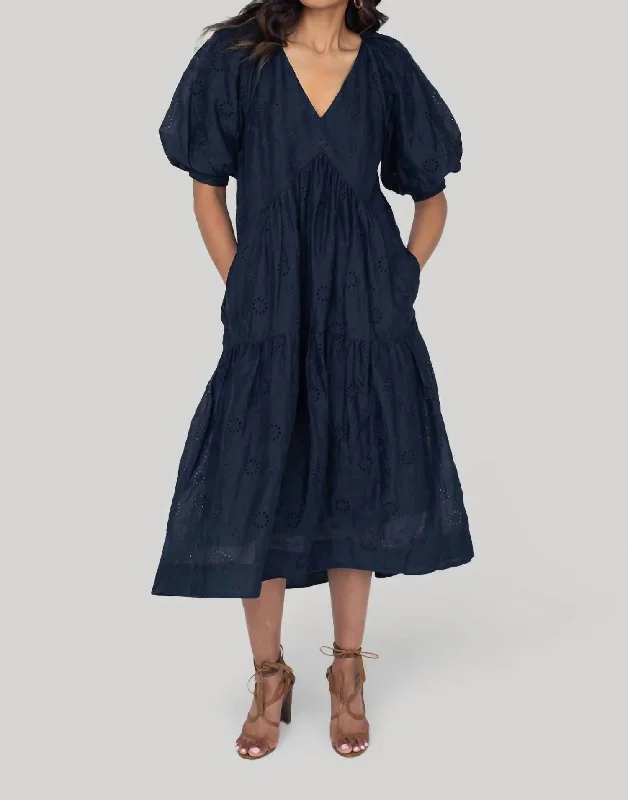 V-Neck Puff Sleeve Maxi Dress In Navy