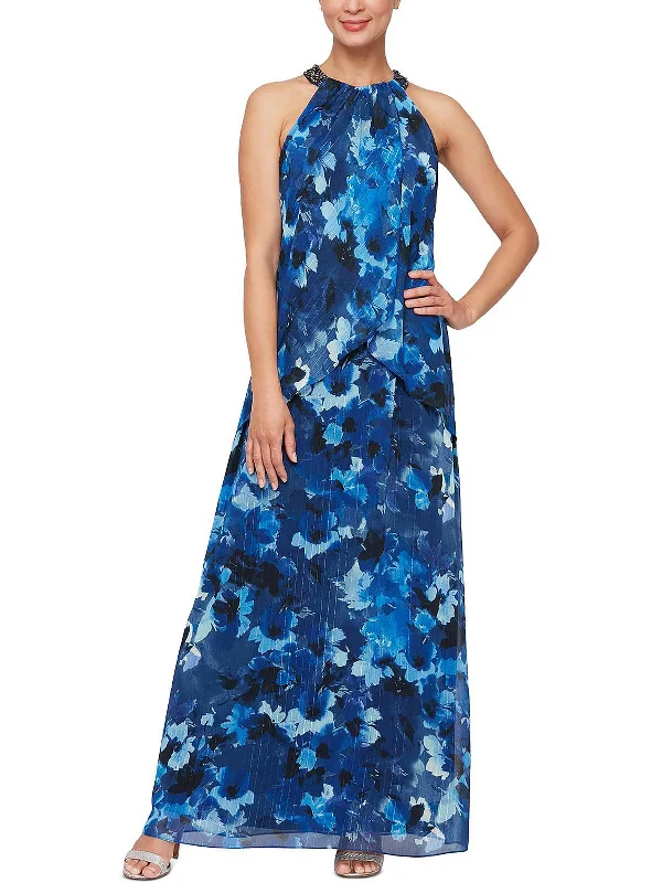 Womens Floral Print Maxi Evening Dress