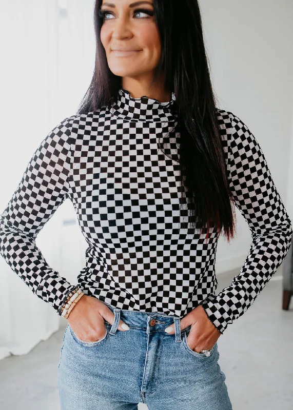 Checkered Mesh Long Sleeve Top