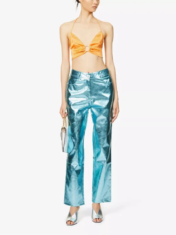 Lupe Straight-Leg High-Rise Trousers Pants In Metallic Blue