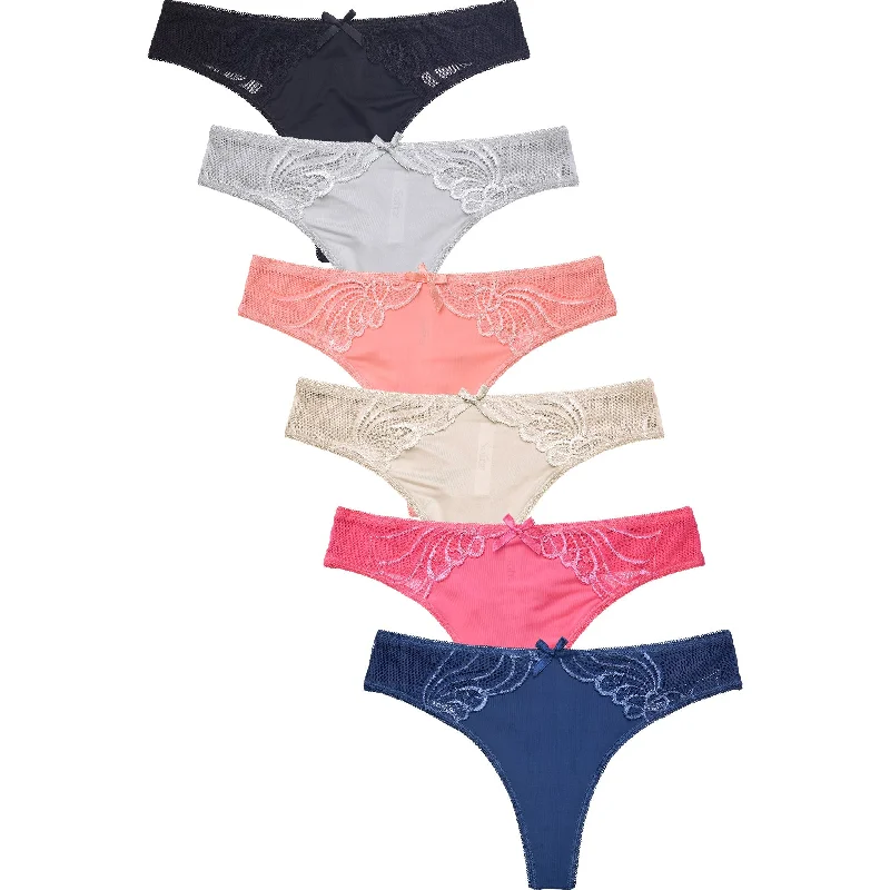 PACK OF 6 SOFRA WOMEN'S STRETCH FLORAL LACE TRIM THONG (LP7228PT1)