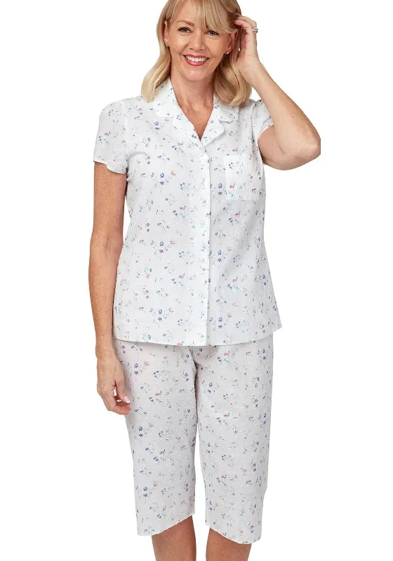 Marlon Floral Cotton Capri Pyjama Set, White & Blue