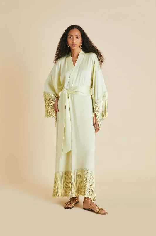 Amina Pale Yellow Fringed Robe in Sandwashed Silk