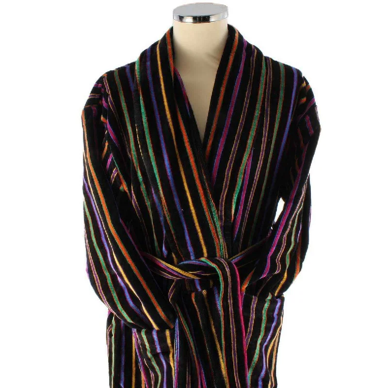 Bown of London Mozart Bold Primary Striped Cotton Velour Dressing Gown - Black/Multi-colour