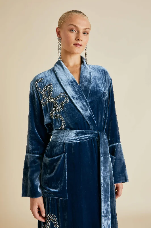 Capability Grace Blue Embellished Robe in Silk Velvet