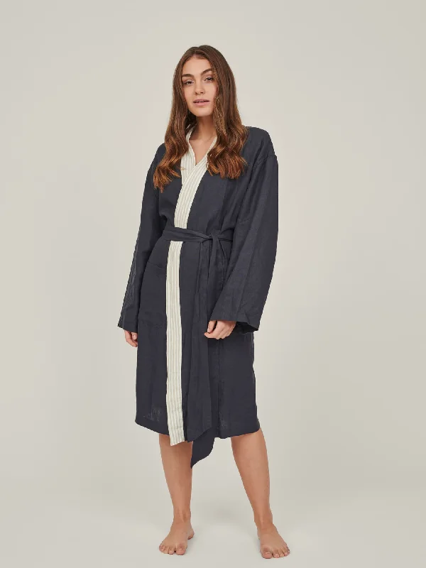 Linen Robe In Navy + Stripes