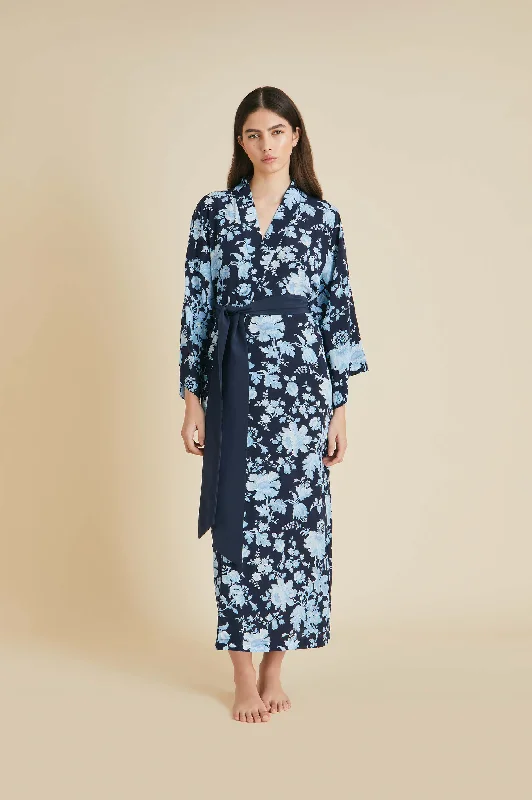 Queenie Alcides Blue Floral Robe in Silk Crêpe de Chine